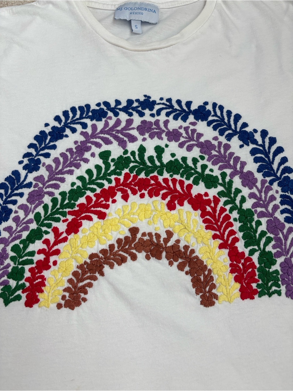 Mi Golondrina short-sleeve t-shirt w/ colorful embroidered rainbow design, Small - Picture 5 of 6
